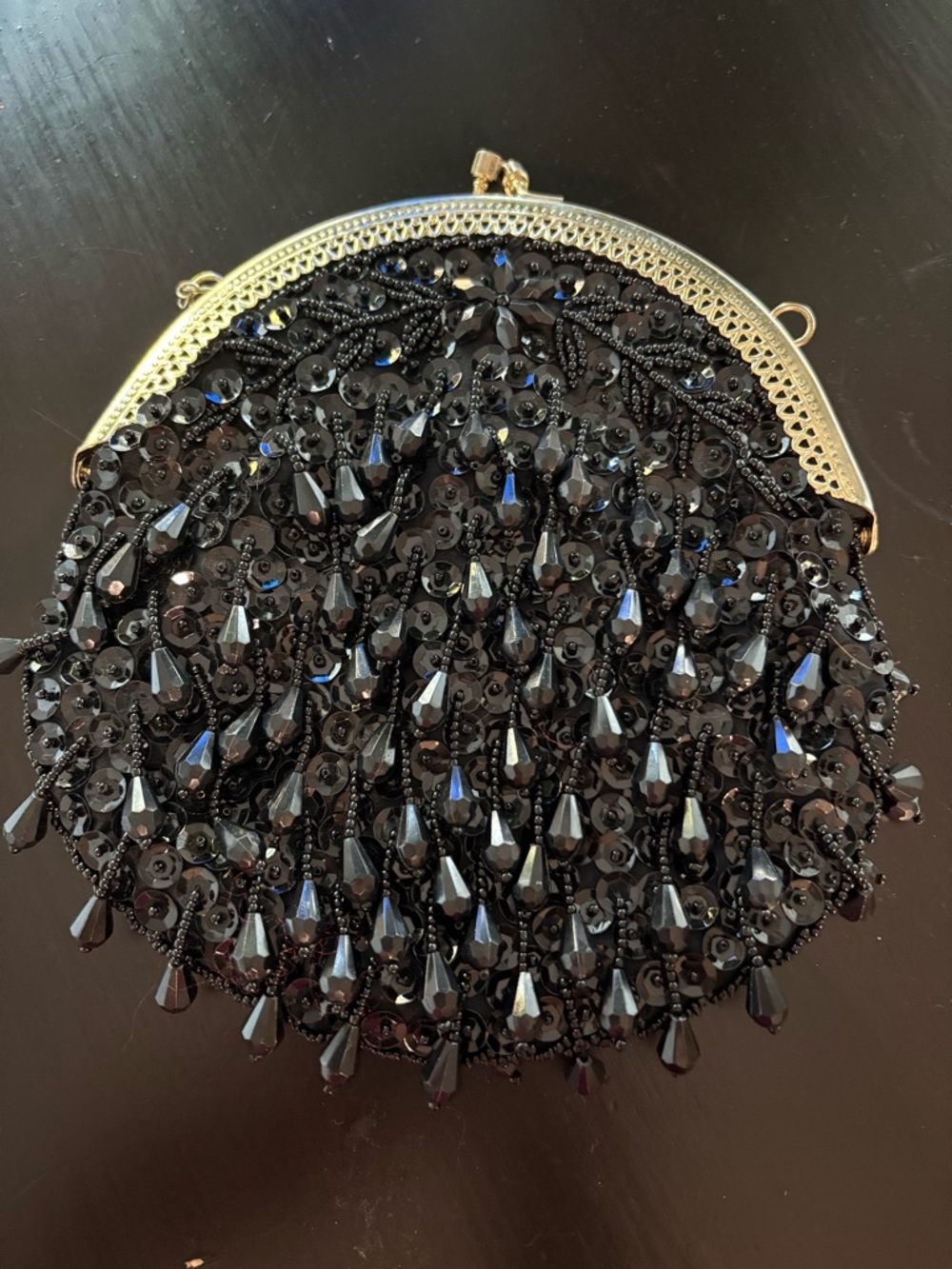 Beaded Black Evening Clutch with Gold Frame